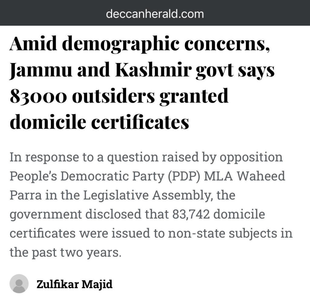 Newspaper clipping on demographic concerns in Kashmir