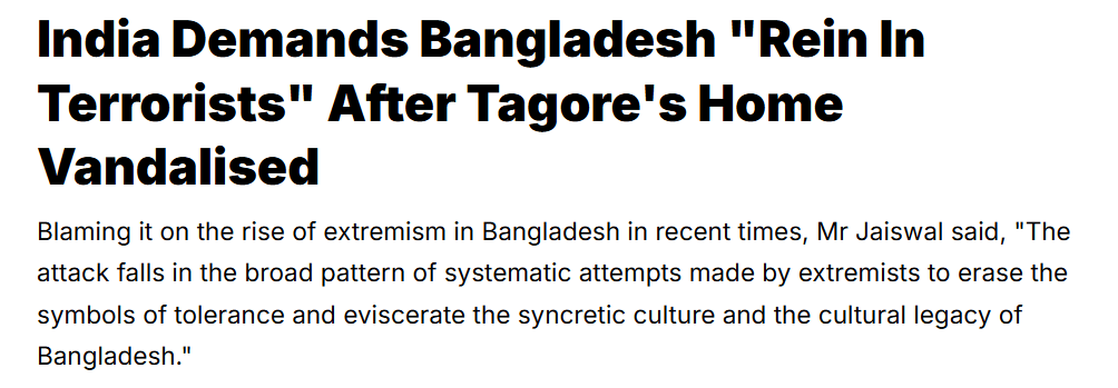 Recent headline on newspaper about Tagore's home being vandalized in Bangladesh